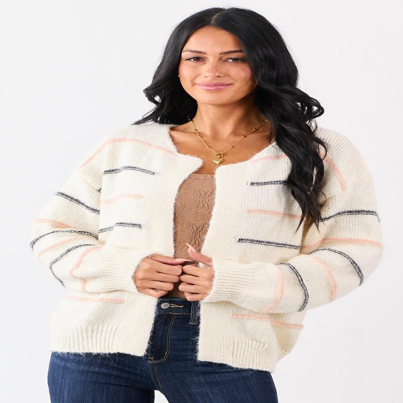 Ivory Striped Fuzzy Wool Blend Open Front Cardigan