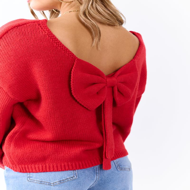 Lipstick Low Bow Back Bubble Sleeve Knit Sweater