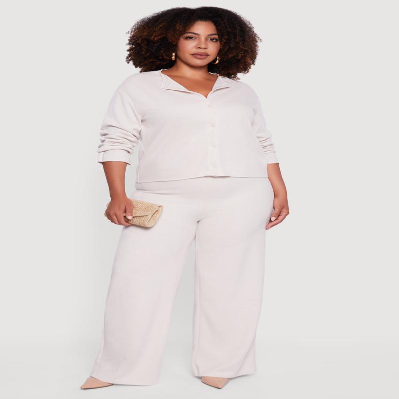 Plus Size Brushed Rib Knit Wide Leg Pants