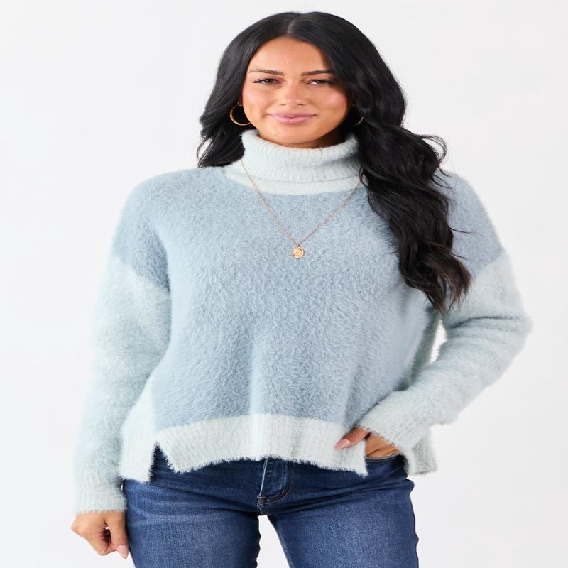 Slate Blue Fuzzy Turtleneck Colorblock Sweater