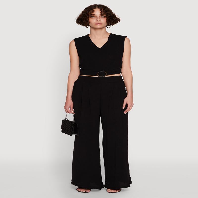 Trendy Pleated Detail Crepe Knit Palazzo Pants