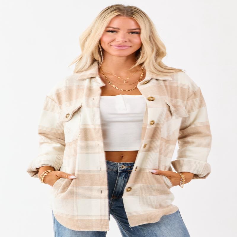 Vanilla Flannel Plaid Button Down Collared Shacket