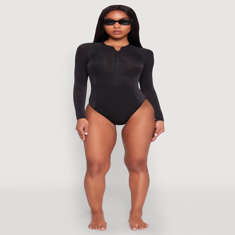 Zip Front Rash Guard One Piece Swimsuit