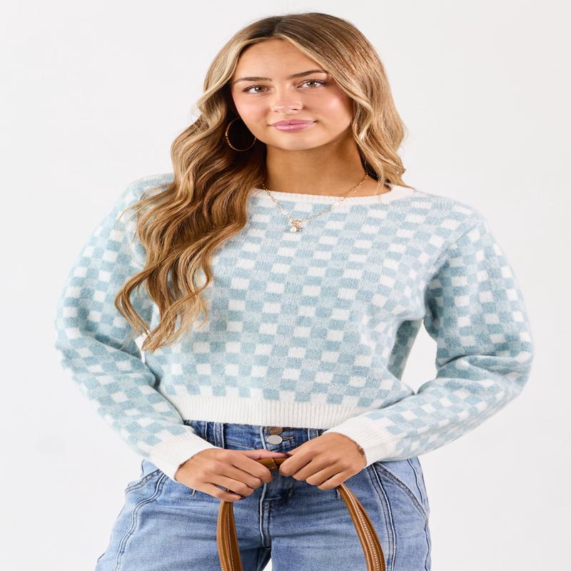 Baby Blue and Ivory Checkered Wool Blend Sweater