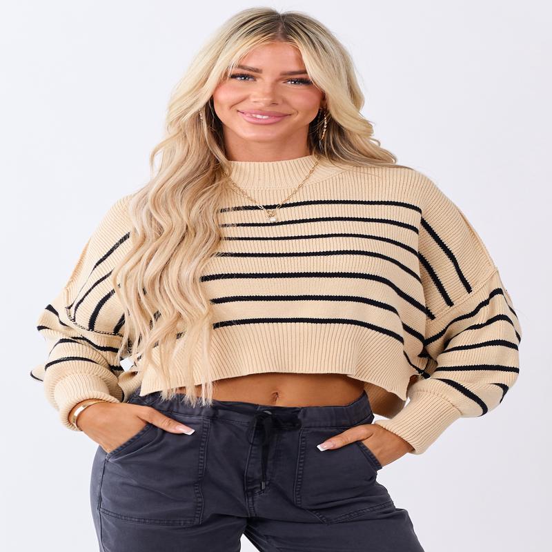Beige and Black Striped Cropped Ribbed Knit Sweater