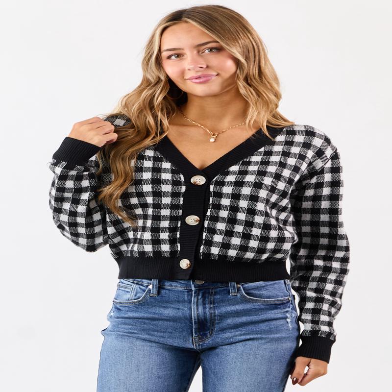 Black Checkered Button Down Cropped Cardigan