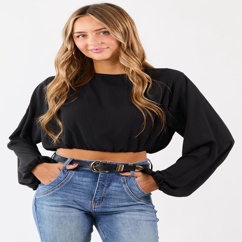 Black Long Puff Sleeve Bubble Hem Crop Top