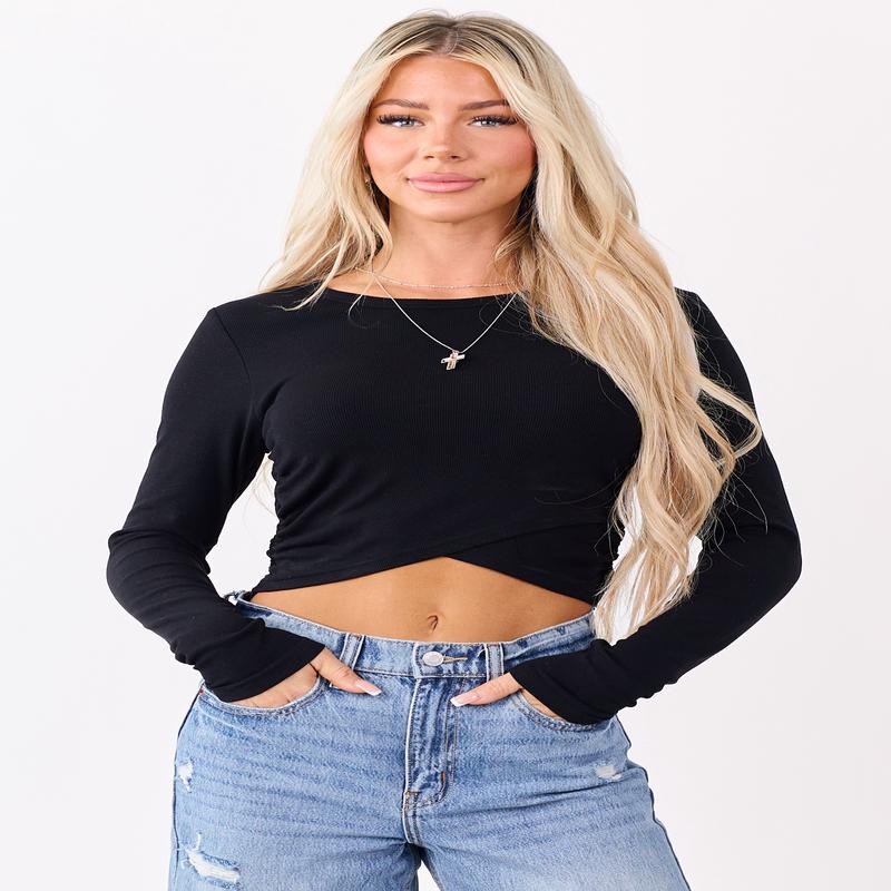 Black Long Sleeve Tulip Hem Ribbed Knit Top