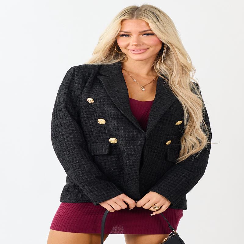 Black Tweed Metallic Threading Button Down Blazer