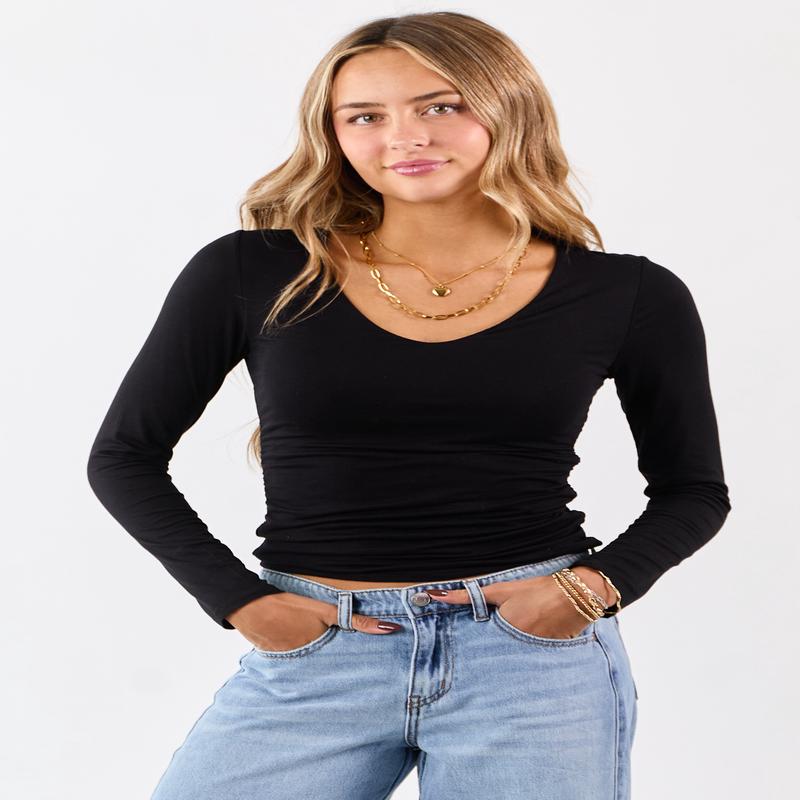 Black V-Neck Ruched Side Double Layer Fitted Top