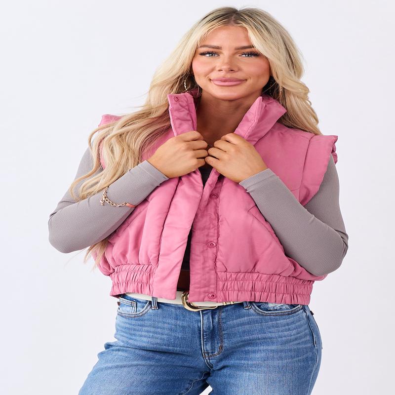 Bubblegum Button Up Mock Neck Puffer Vest