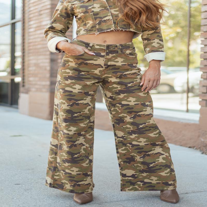 Cello Olive Camo Print Wide Leg Jeans