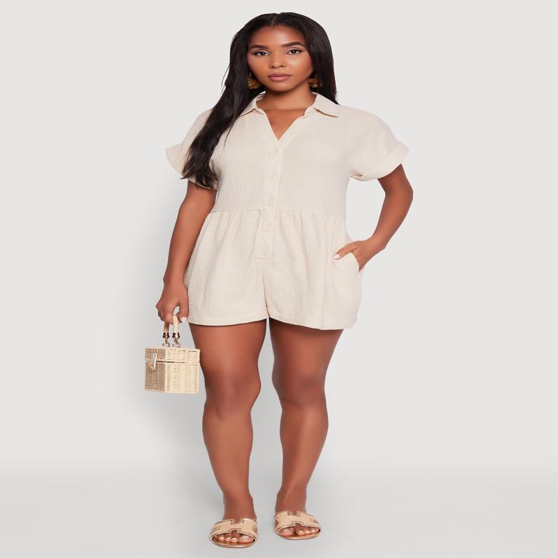 Chic Gauze Knit Button Front Romper with Cap Sleeves