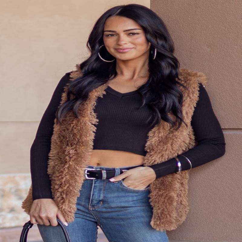 Coffee Shaggy Textured Open Front Lined Vest