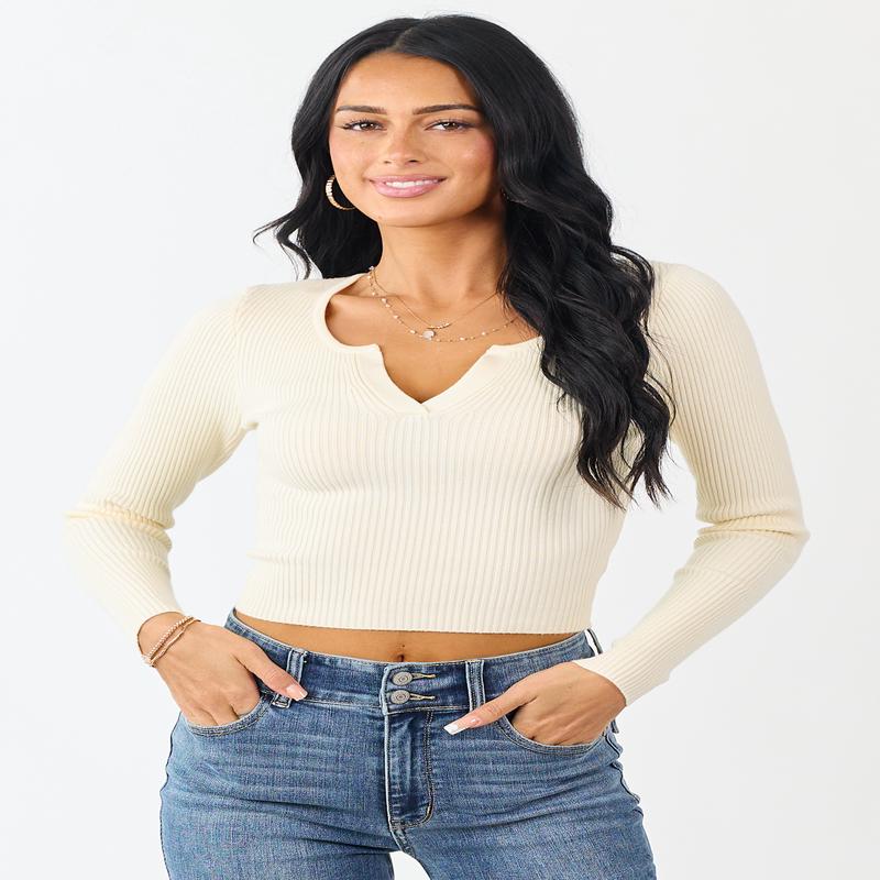 Cream V Notch Rib Knit Fitted Cropped Sweater Top