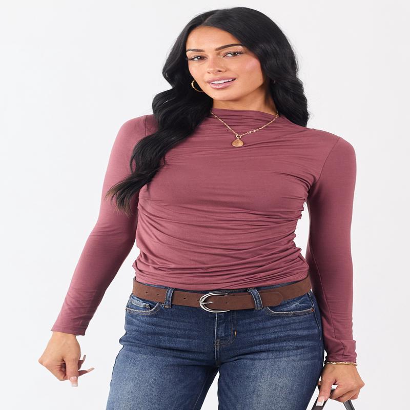 Marsala Ruched High Neck Double Layer Top