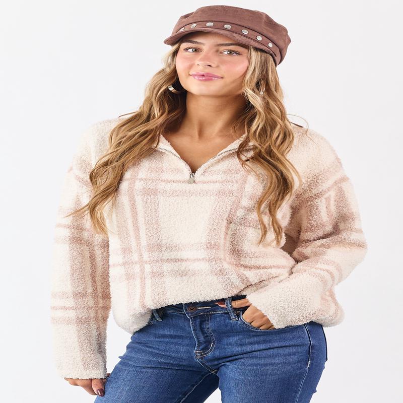 Mello Vanilla Plaid Knit Quarter Zip Pullover Sweater