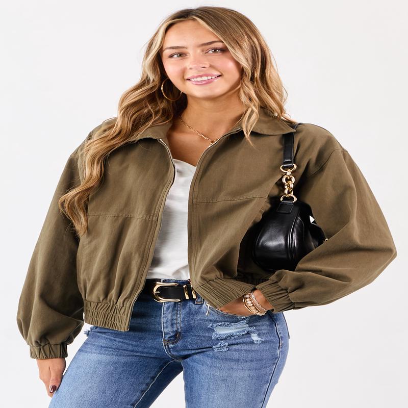 Olive Twill Collared Elastic Hem Zip Up Jacket