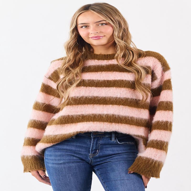 POL Peanut and Blush Striped Long Sleeve Sweater