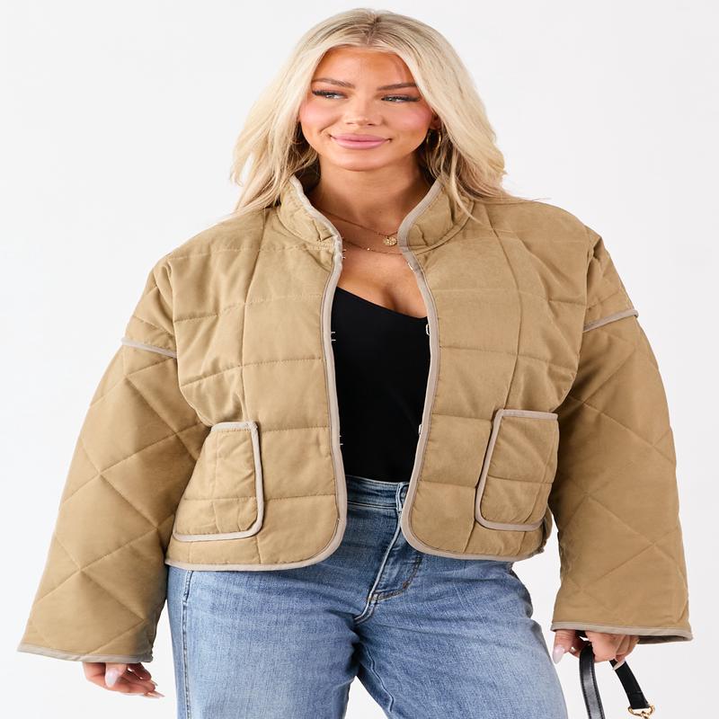 Sand Quilted Contrast Piping Detail Puffer Jacket