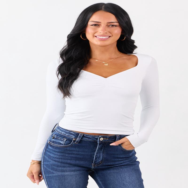 White Shirred Bust Fitted Long Sleeve Top