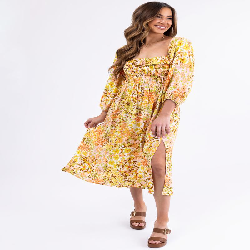 Buttercream Floral Print Smocked Midi Dress