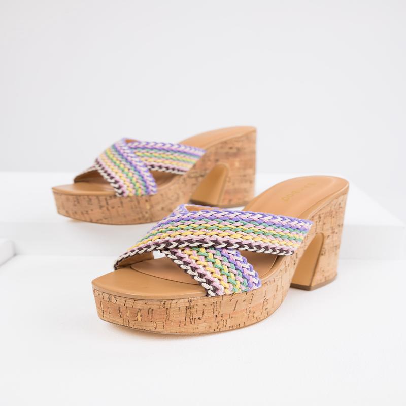 Colorful Braided Strap Cork Platform Heels
