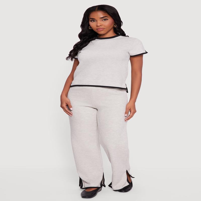 Contrast Trim Slit Hem Wide Leg Pants