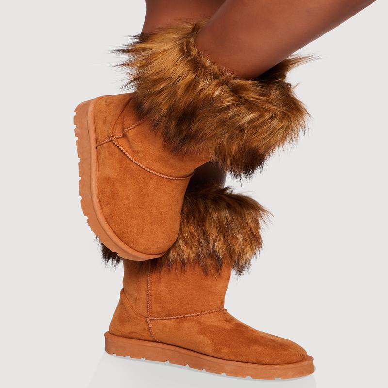 Faux Fur Cuff Round Toe Boots