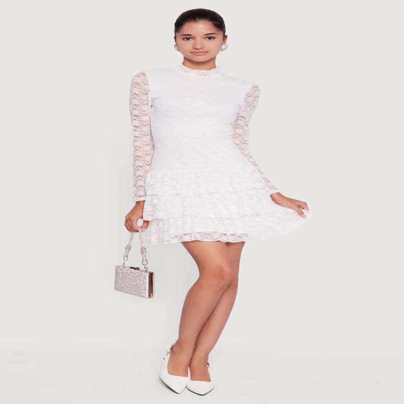 Long Sleeve Mock Neck Tiered Ruffle Lace Mini Dress