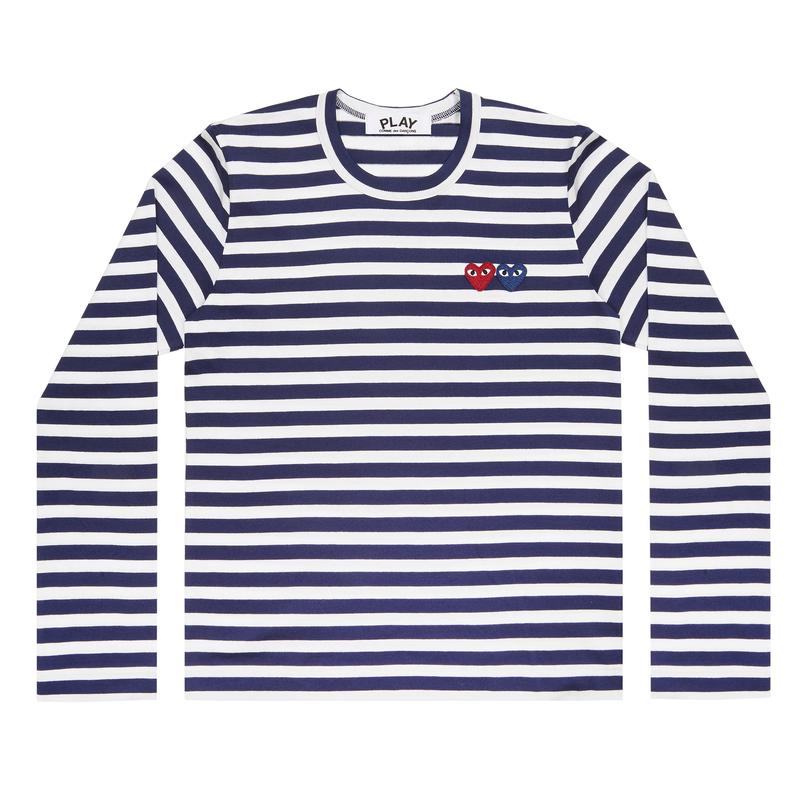 Play - Double Heart Striped Long Sleeve T-Shirt - (Navy/White)
