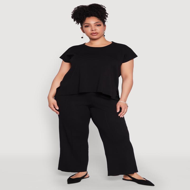 Plus Size Daisy Knitted Pintuck Wide Leg Pants