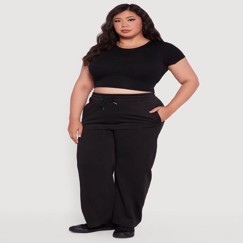 Plus Size Fleece Lined Wide Leg Sweatpants with Pockets