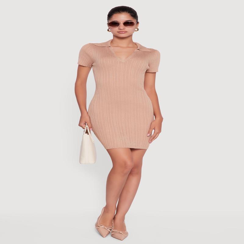 Ribbed Knit Johnny Collar Sweater Dress