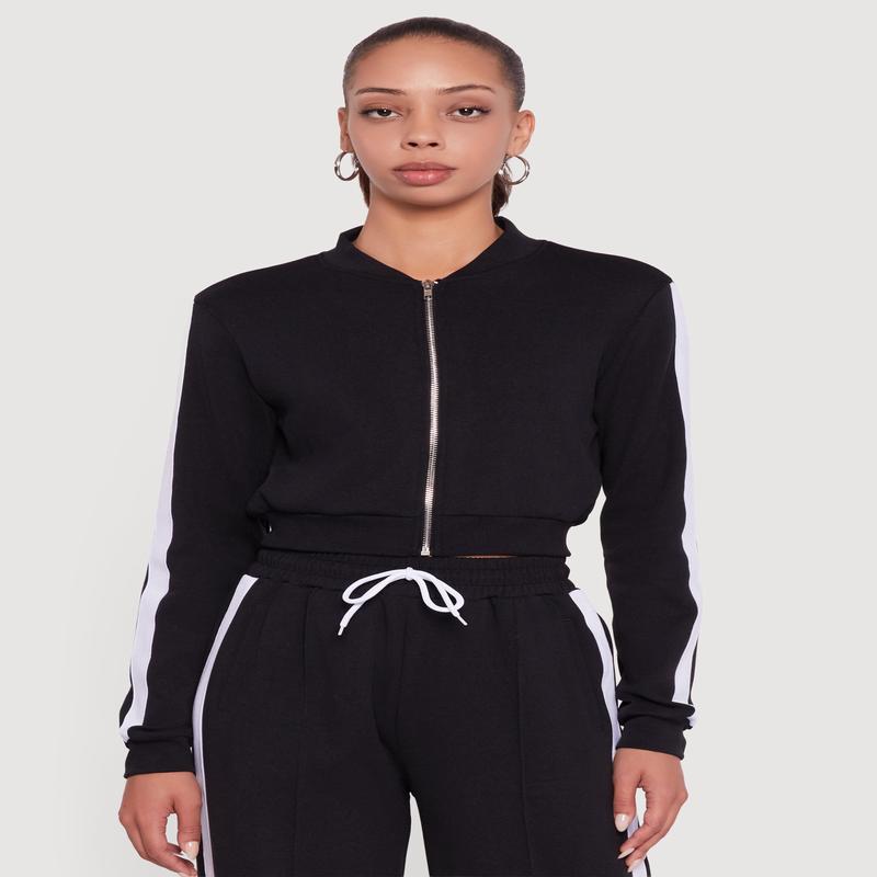 Side Stripe Cropped Zip Front Track Jacket