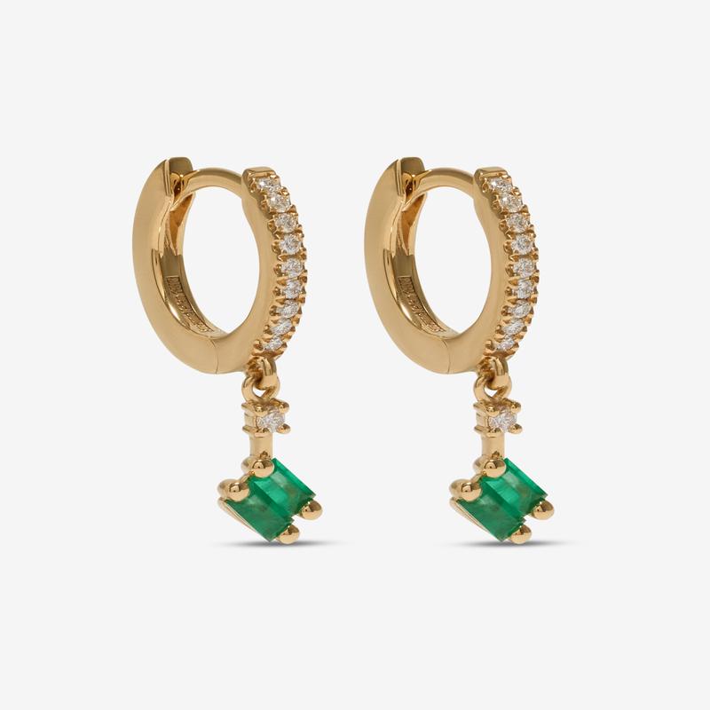 Suzanne Kalan - Dangle Drop Diamond and Emerald Huggies - (Yellow Gold)