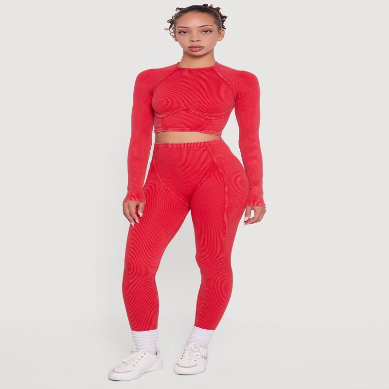 Decorative Stitch Acid Wash Ribbed Knit Leggings