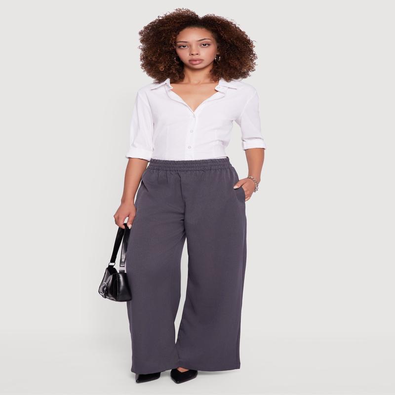 Elastic Waist Wide Leg Pull On Dress Pants