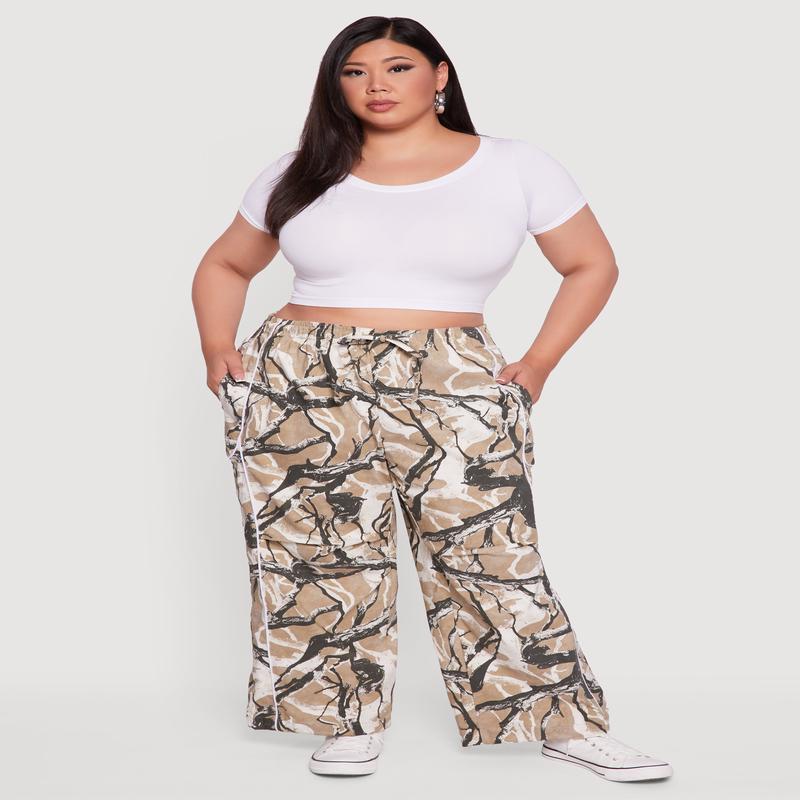 Plus Size High Waisted Hunter Camo Drawstring Waist Pants