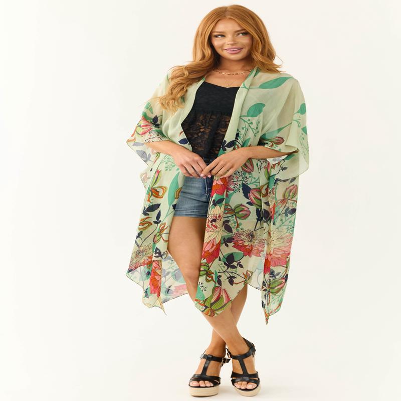 Sage Lightweight Floral Lotus Print Kimono