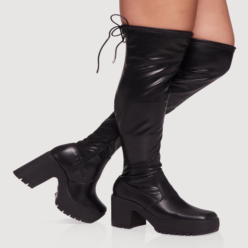 Tie Back Chunky Heel Over The Knee Platform Boots