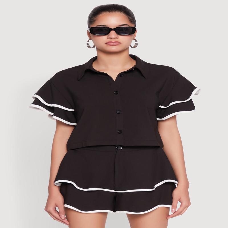 Crepe Knit Contrast Trim Flutter Sleeve Blouse