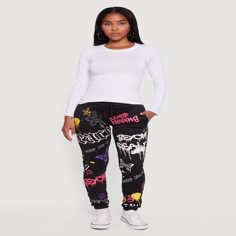 Fleece Lined Graffiti Print Peaceful Graphic Sweatpants