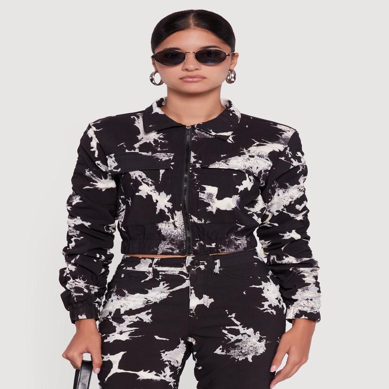 Zip Front Printed Pattern Ruched Sleeve Jacket