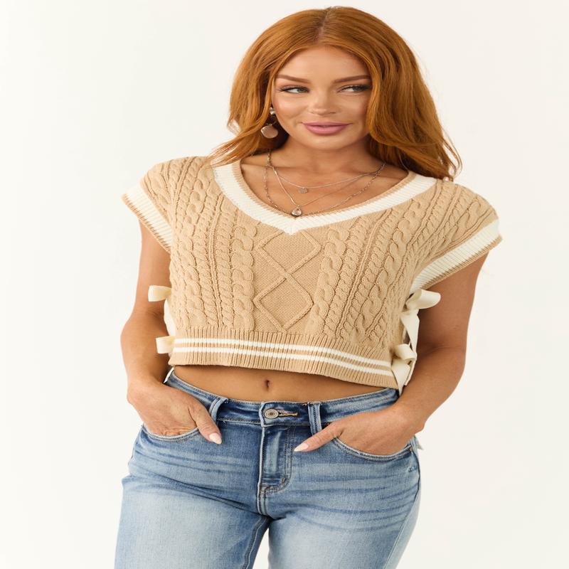 Peanut and Cream V Neck Side Tie Sweater Vest