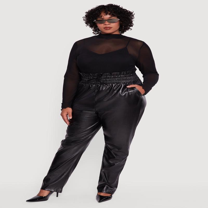 Plus Size Faux Leather Paper Bag Waist Pants