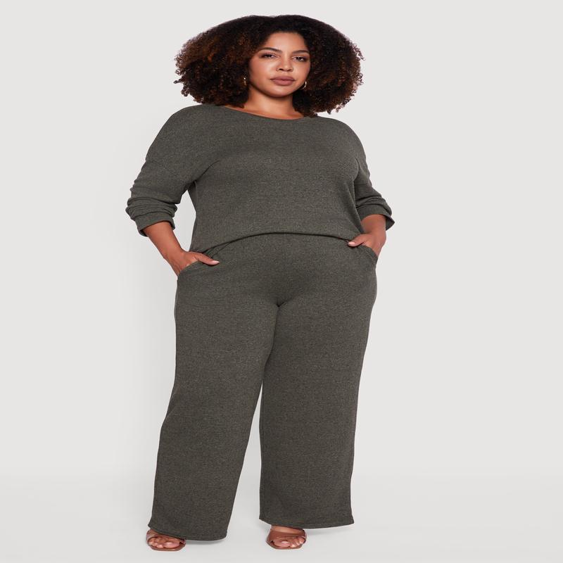 Plus Size High Waisted Brushed Knit Wide Leg Pants