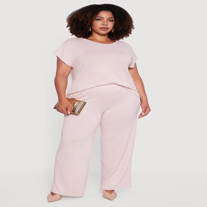 Plus Size Marled Brushed Knit Wide Leg Pants