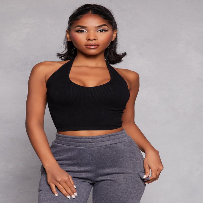 Ribbed Knit Seamless Halter Top