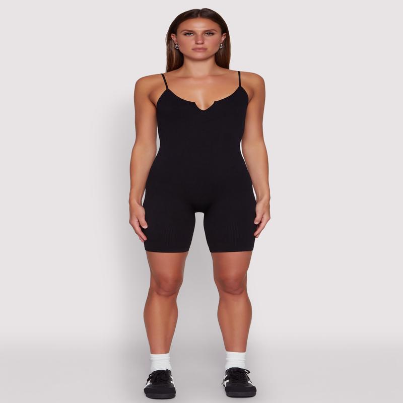 Seamless Rib Knit Notch Neck Biker Romper